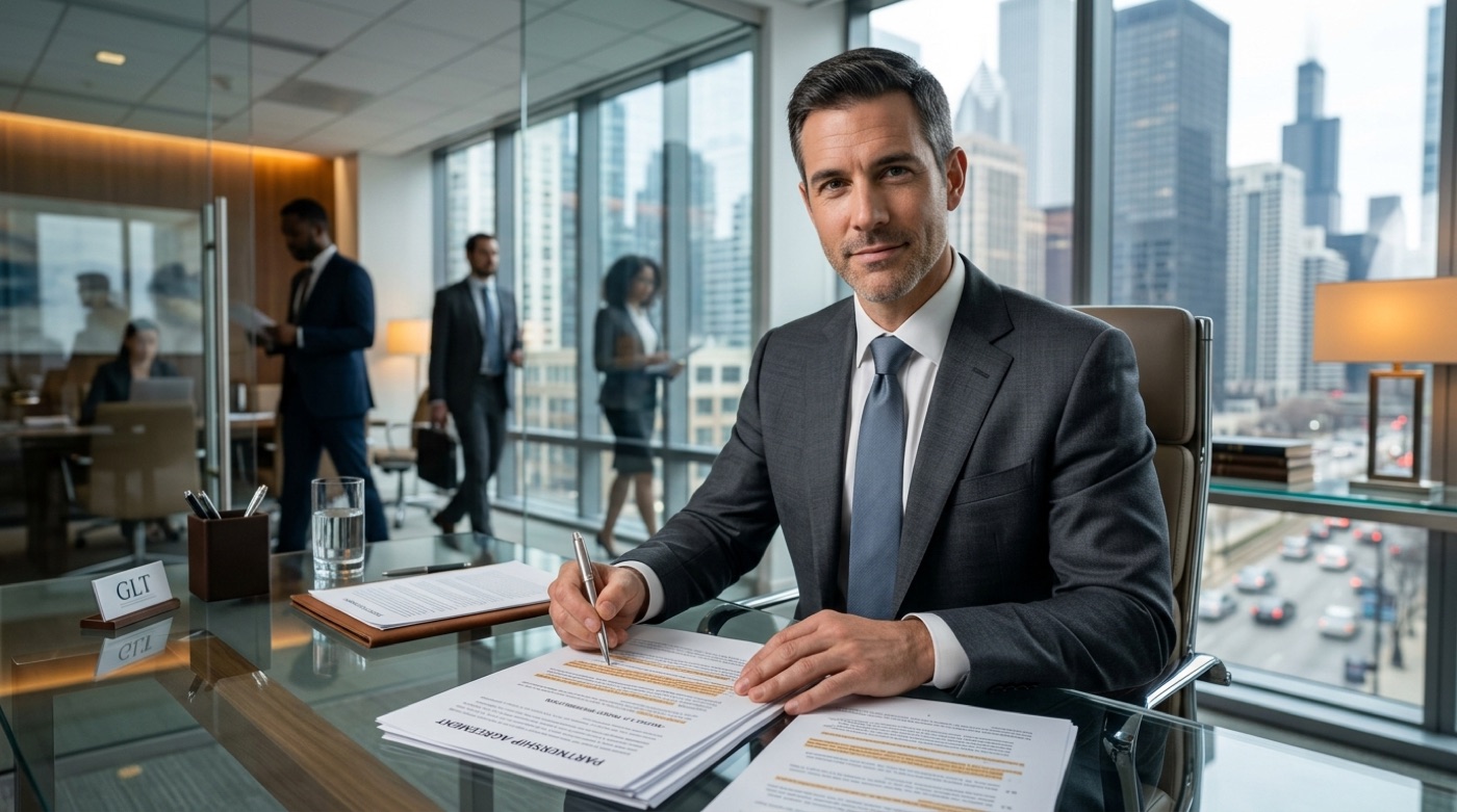 Attorney reviewing a marked-up partnership agreement at a glass desk