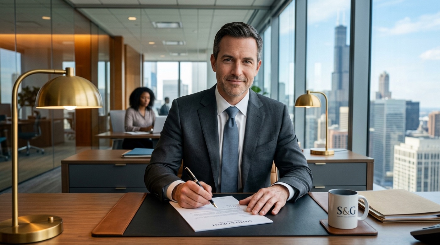 Lawyer signing a printed legal letter at his desk in a high-rise office