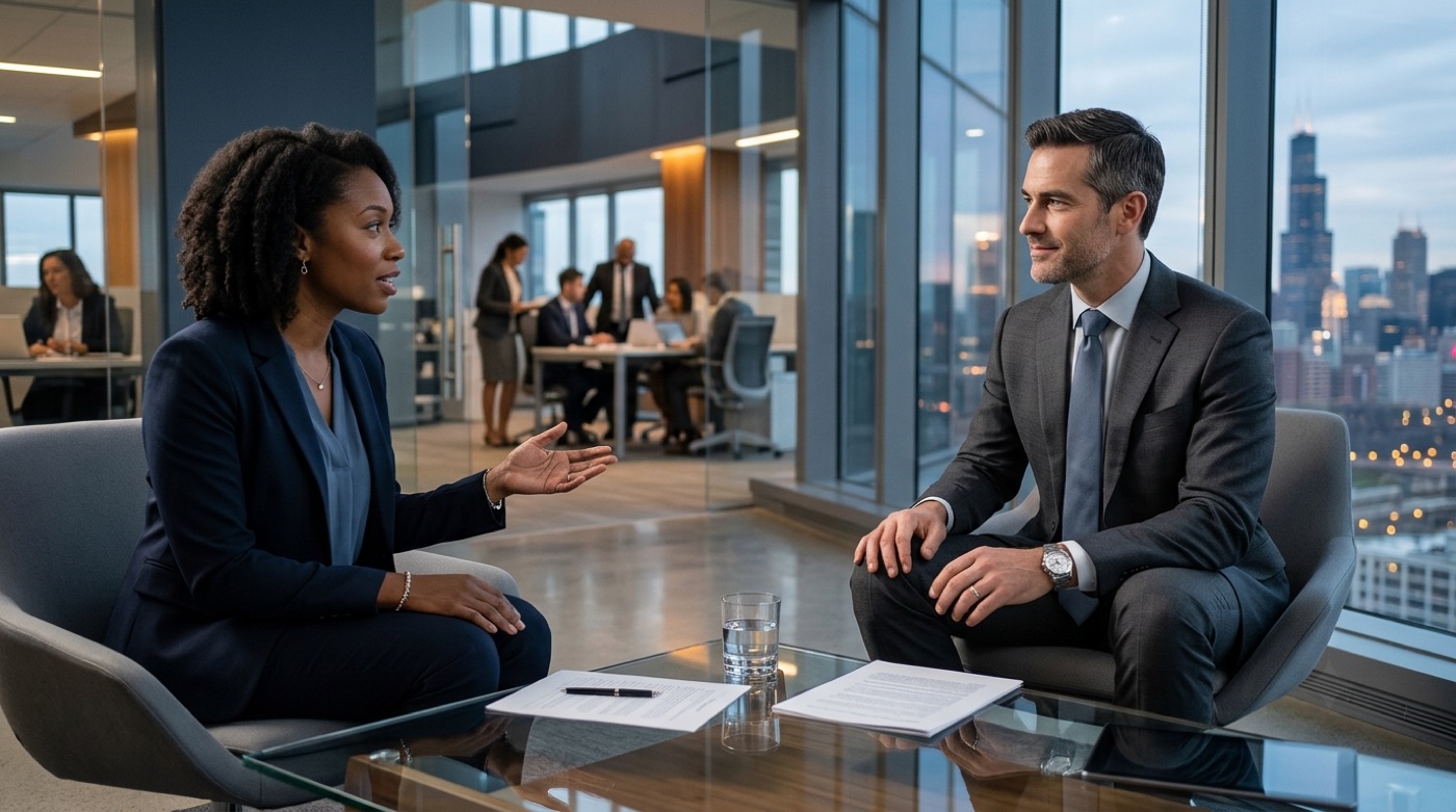 Consultant explaining legal options to a client during an office meeting