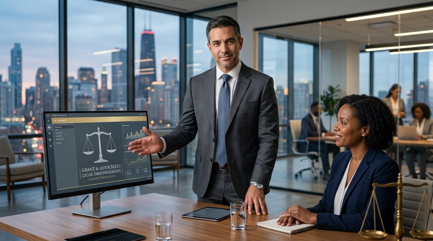 Legal-tech dashboard with scales of justice presented in a law office