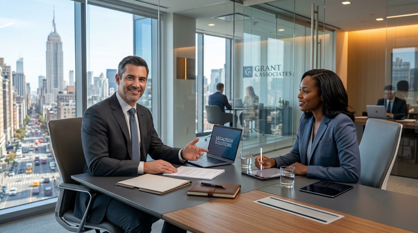 Lawyer and client discussing legal-tech software in a modern American law office