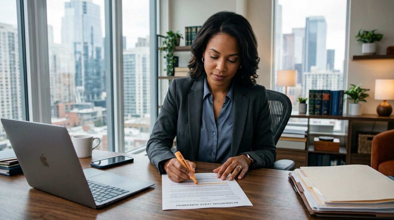 Woman at a home-office desk highlighting a clause in a printed rental lease agreement