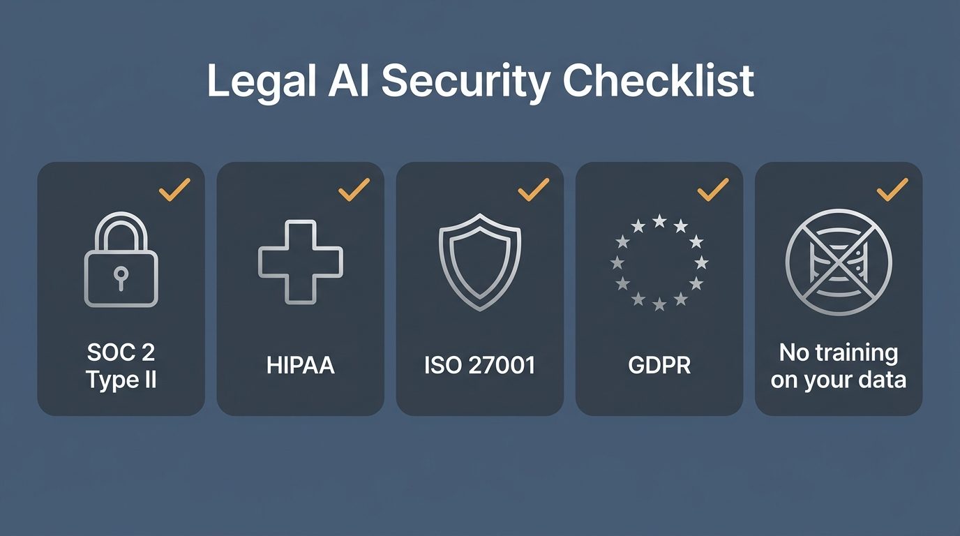 Legal AI security checklist infographic: SOC 2 Type II, HIPAA, ISO 27001, GDPR, no training on your data