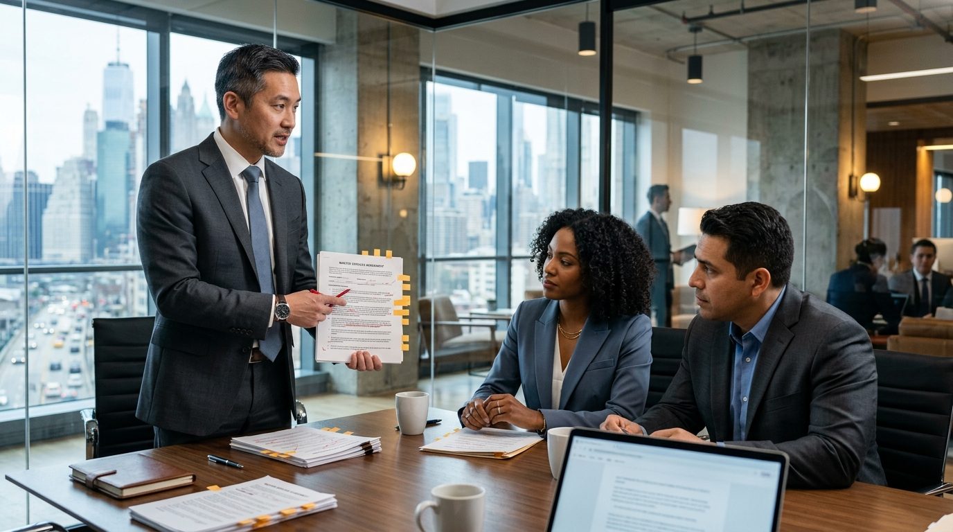 Lawyer presenting a marked-up contract to colleagues at a glass conference table in a law firm