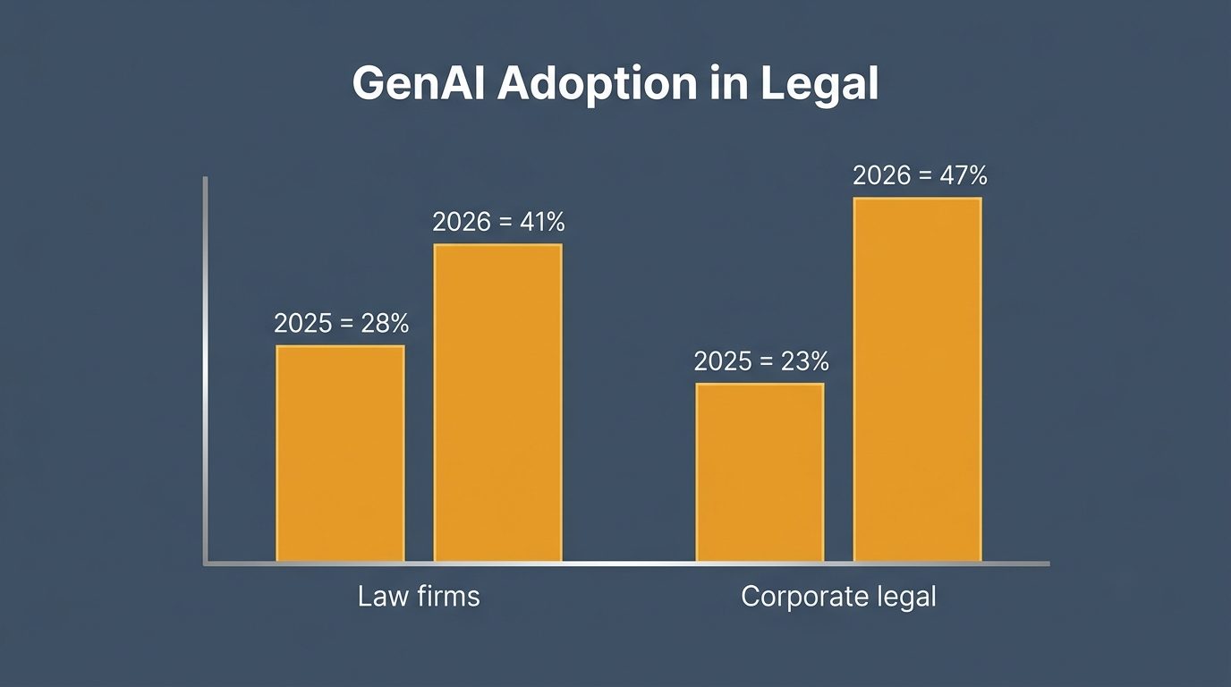 Bar chart of GenAI adoption in legal: law firms 28% in 2025 to 41% in 2026, corporate legal 23% to 47%