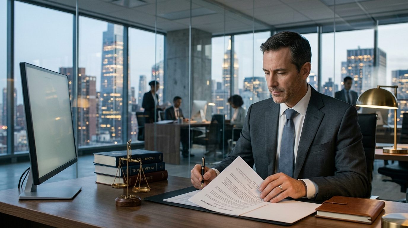 Senior attorney annotating a printed draft with a fountain pen beside scales of justice and law books